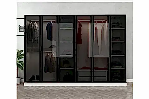 KALE 6 CAM KAPAKLI 2 ÇEKMECELİ DOLAP BEYAZ SİYAH 190 CM