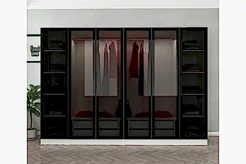 KALE 6 CAM KAPAKLI ÇEKMECELİ DOLAP, BEYAZ SİYAH, 190 CM