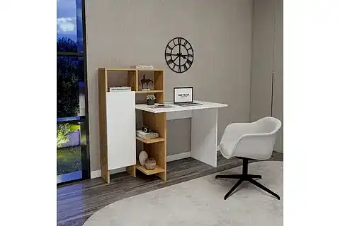 BUĞRA DOLAPLI RAFLI ÇALIŞMA BİLGİSAYAR MASASI, SAFİRMEŞE BEYAZ