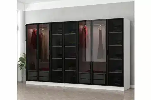 KALE DOLAP, 7 CAM KAPAKLI 4 ÇEKMECELİ, SİYAH BEYAZ, 210 CM
