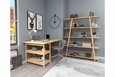 SOFTCİTY DOĞAL AHŞAP ÇALIŞMA MASA KİTAPLIK TAKIMI, NATUREL