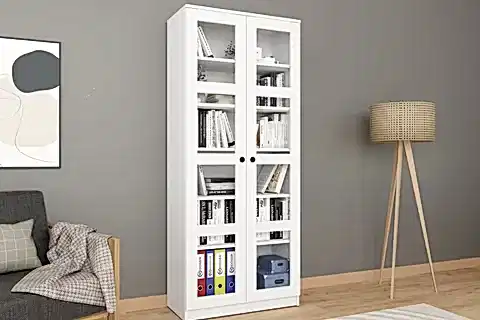 LUCAS CAM AYARLANABİLİR RAFLI KİTAPLIKLI VİTRİN, BEYAZ