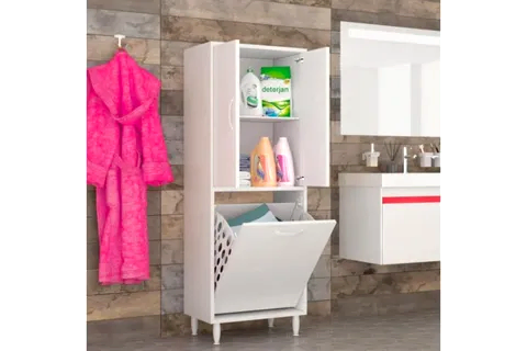 NİSA KİRLİ ÇAMAŞIR SEPETLİ BANYO DOLABI 2 KAPAKLI, BEYAZ