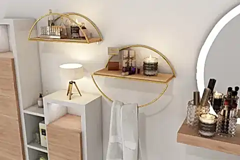 BİNO ELİPS MASİF AĞAÇ PASLANMAZ DEKORATİF MUTFAK BANYO RAFI, GOLD