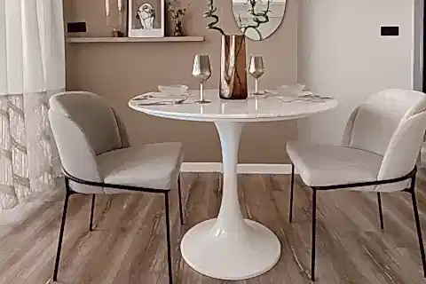 TULİP MASA, BEYAZ MERMER, BEYAZ AYAK, 90X90