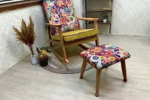 İSKANDİNAV PUFLU SALLANAN SANDALYE, RETRO, NATUREL AYAK