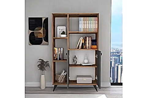 MELDAN 7 RAFLI2 KAPAKLI MODERN KİTAPLIK, CEVİZ ANTRASİT