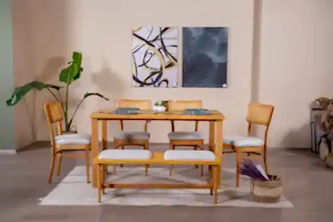 HAZERAN İSKANDİNAV MASA TAKIMI, 4 SANDALYE 1 BENCH, 80X140