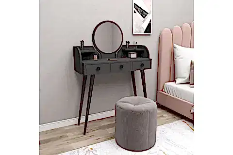 ELEGANS SİYAH AHŞAP AYAKLI AYNALI MAKYAJ MASASI, ANTRASİT