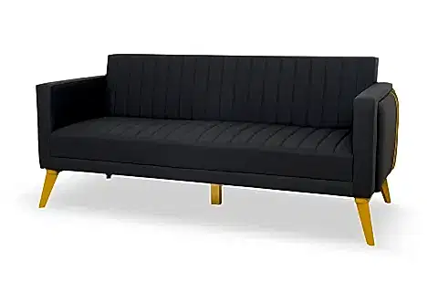 SPİDER SUNİ DERİLİ SARI AHŞAP AYAKLI ÜÇLÜ KANEPE, SİYAH