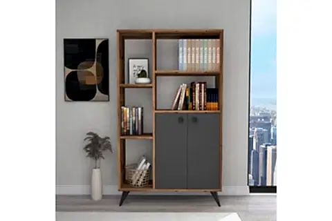 MELDAN 7 RAFLI2 KAPAKLI MODERN KİTAPLIK, CEVİZ ANTRASİT