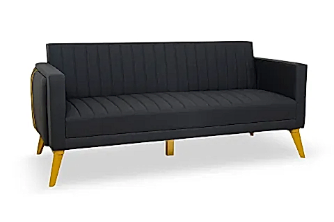 SPİDER SUNİ DERİLİ SARI AHŞAP AYAKLI ÜÇLÜ KANEPE, SİYAH