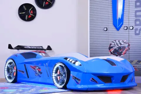 JAGUAR RÜZGARLIKLI ARABALI YATAK FULL LEDLİ, MAVİ, 90X190