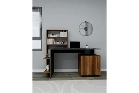 MELİS DOLAPLI RAFLI GENİŞ ÇALIŞMA BİLGİSAYAR MASASI, ANTRASİT CEVİZ