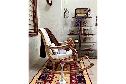 VİNTAGE SALLANAN SANDALYE, KREM, AHŞAP, NATUREL AYAK