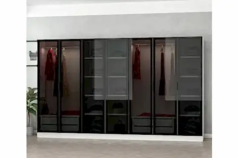 KALE DOLAP, 7 CAM KAPAKLI 4 ÇEKMECELİ, BEYAZ SİYAH, 190 CM