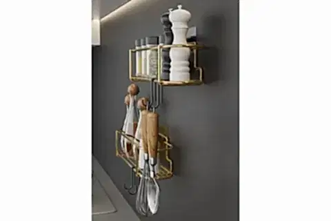 BİNO GOLD METAL BAHARATLIK MUTFAK BANYO RAFI, İKİLİ SET