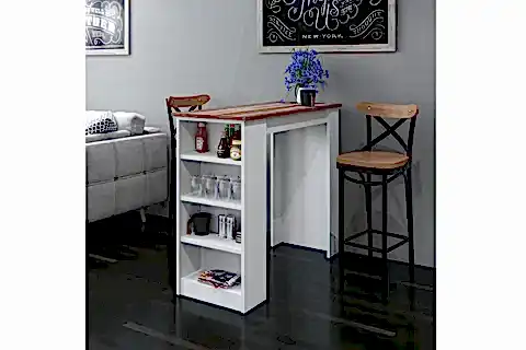 BİCABİN TEKİLA RAFLI BAR MASASI, BEYAZ CEVİZ