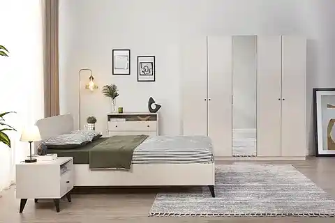 SOLİNA YATAK ODASI TAKIMI, 5 KAPAKLI, AHŞAP BAŞLIKLI, BEJ