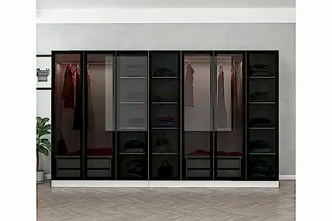 KALE DOLAP, 7 CAM KAPAKLI 4 ÇEKMECELİ, BEYAZ SİYAH, 190 CM