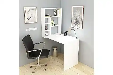 SEDİR RAFLI AÇILIR KAPANIR DUVARA MONTE ÇALIŞMA BİLGİSAYAR MASASI, BEYAZ