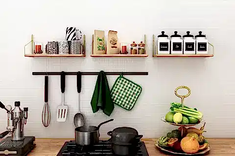 BİNO MASİF AĞAÇ PASLANMAZ DEKORATİF MUTFAK BANYO RAFI, GOLD