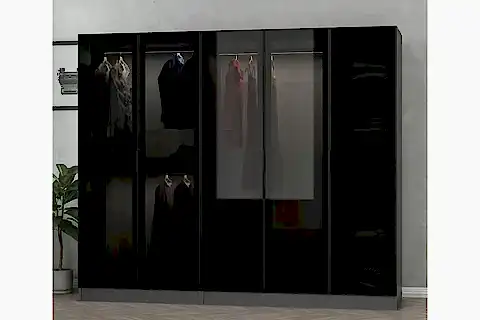 KALE CAM GARDIROP, ANTRASİT SİYAH, 5 KAPAKLI, 210 CM