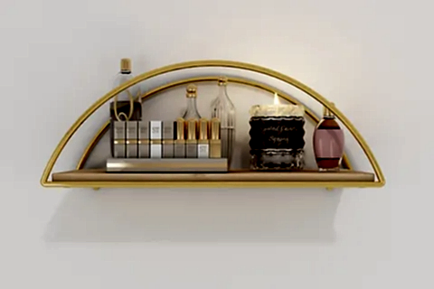 BİNO ELİPS MASİF AĞAÇ PASLANMAZ DEKORATİF MUTFAK BANYO RAFI, GOLD