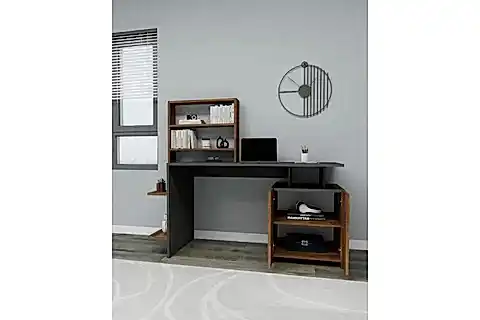 MELİS DOLAPLI RAFLI GENİŞ ÇALIŞMA BİLGİSAYAR MASASI, ANTRASİT CEVİZ